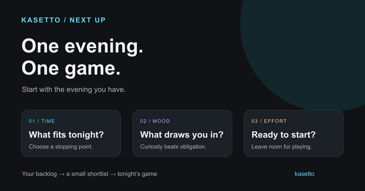 Three decision cards for choosing tonight’s game: time, mood and effort
