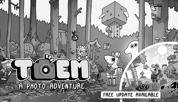 Official TOEM: A Photo Adventure cover artwork showing a black-and-white forest, characters and the game logo