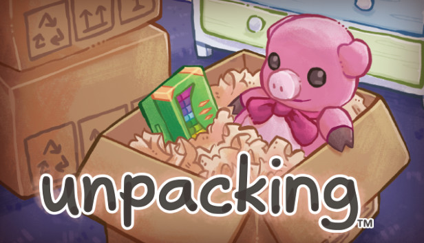 Official Unpacking cover artwork with a pink pig plush in a moving box and the game logo