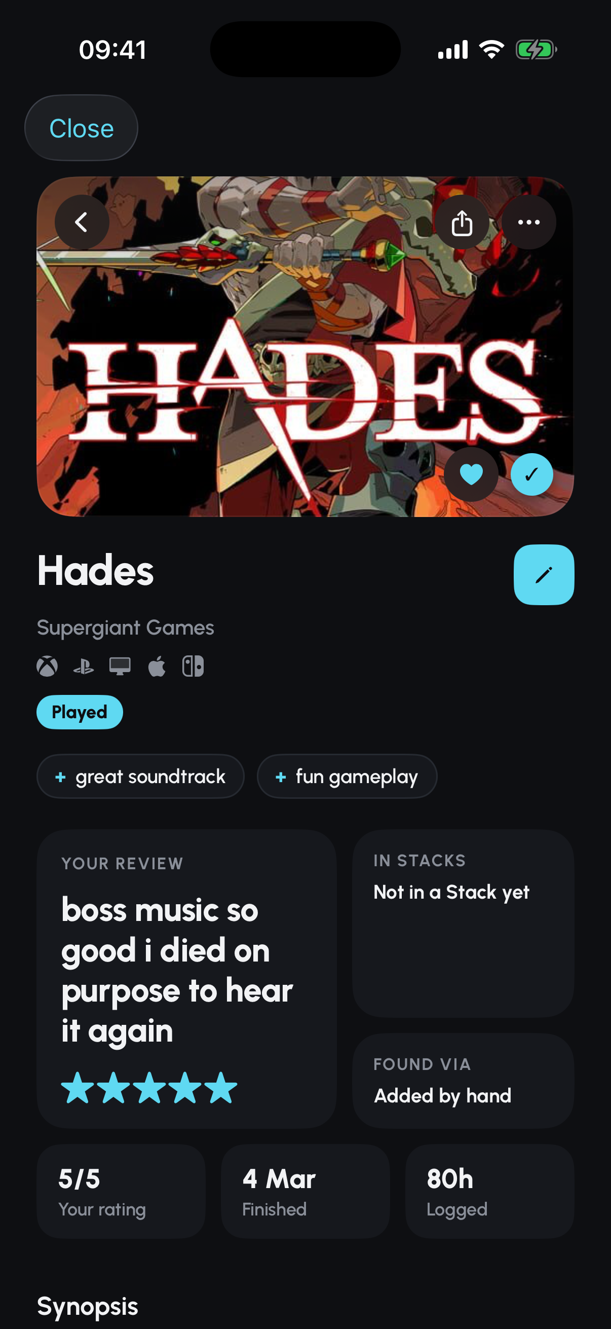 A Hades game entry in Kasetto with a Played status, rating and written review
