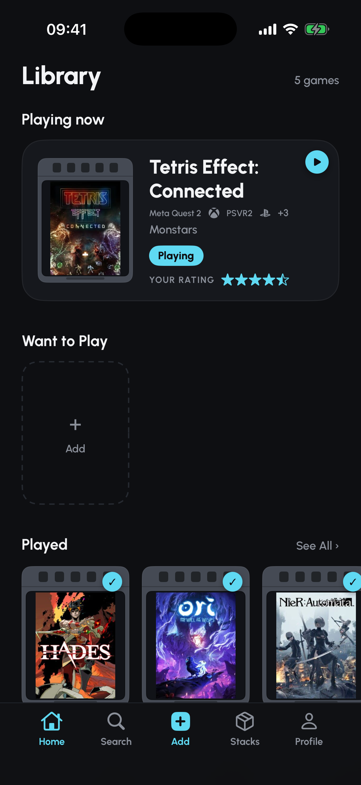 Kasetto Library showing Playing now, Want to Play and Played sections