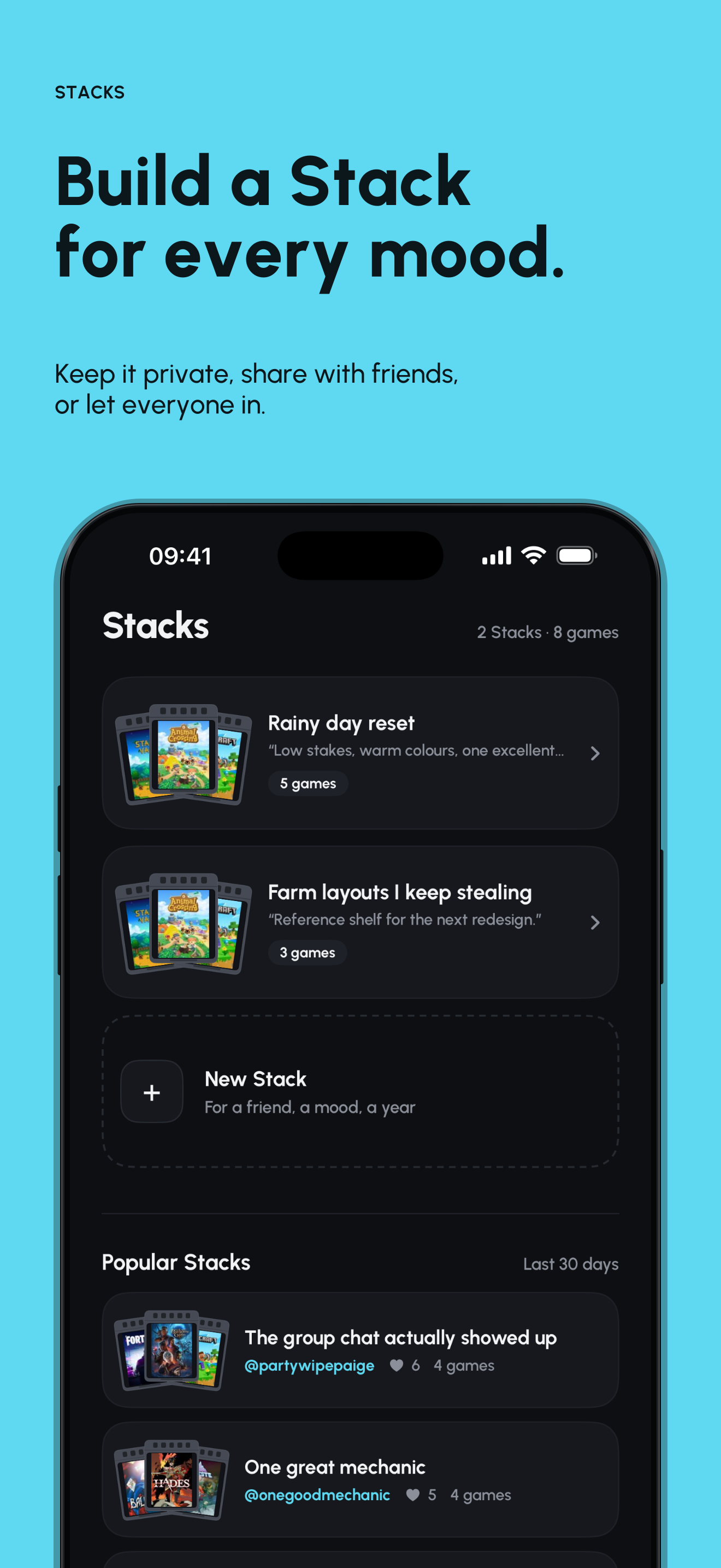 Kasetto Stacks screen with themed collections of games