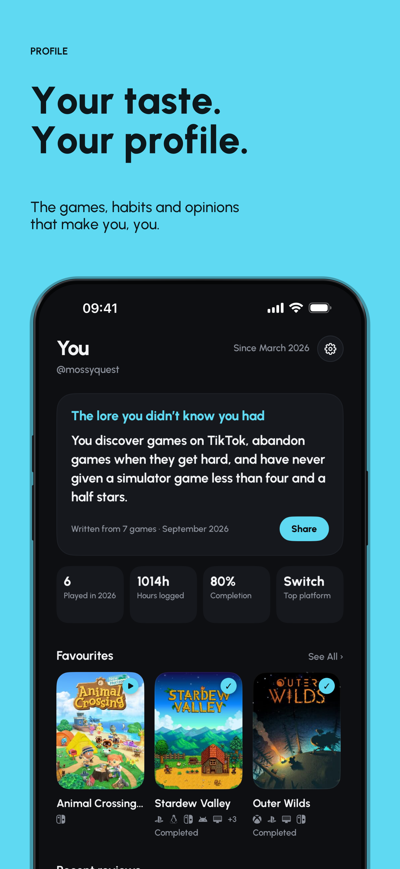 Kasetto profile with gaming taste, statistics and favourites
